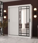 Schiebetürenschrank | Weiß Matt | dekorative Spiegeltür | 150 x 62 x 200 cm | 5 Fächer | 2 Kleiderstangen | Schiebetürenschrank | Elegante Ausführung