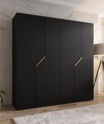 Kleiderschrank | 4-Türig | Farbe: Schwarz | 2 Fächer | 2 Kleiderstangen | Griffe: Gold | Soft-Close-Funktion | Maße: 200 x 52 x 202 cm | ABS-Kanten
