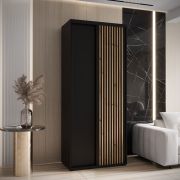 Schwarzer Schiebetürenschrank Mina, Selbstklebende Kunststofflamellen, Schwarzer Stahlgriff, viel Stauraum, platzsparend, 235,2 x 120 x 60 cm, robust