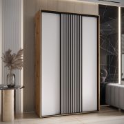 Schiebetürenschrank Mina, viel Stauraum, schwarze Lamellen Optik, Stahlgriff in schwarz, Anti Staubbürsten inklusive, platzsparend, 235,2 x 160 x 60 cm