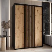 Schiebetürenschrank Mina in Schwarz/Eiche, Front aus laminierter Platte, Anti Staubbürsten, Metallgriffe in schwarz, robust, 235,2 x 170 x 60 cm