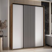 Schiebetürenschrank Mina in Weiß/Eiche, Metallgriffe in schwarz gehalten, Front aus laminierter Platte (16 mm), platzsparend, 235,2 x 200 x 60 cm