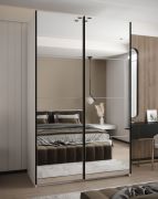 Kleiderschrank / Schiebetürenschrank | 6 Fächer | Farbe: Weiß | 245,5 x 150 x 64 cm | Spiegel | 2 Kleiderstangen | 2 Schiebetüren | Soft-Close