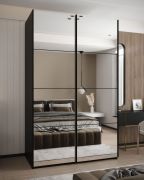Kleiderschrank / Schiebetürenschrank | Soft-Close | 245,5 x 150 x 64 cm | Farbe: Schwarz | 2 Kleiderstangen | 6 Fächer | 2 Schiebetüren | Spiegel