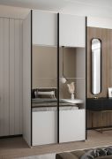 Kleiderschrank / Schiebetürenschrank | Farbe: Weiß | 2 Kleiderstangen | 6 Fächer | 2 Schiebetüren | Soft-Close | Spiegel | 245,5 x 100 x 64 cm