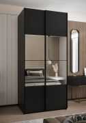 Kleiderschrank / Schiebetürenschrank | 2 Kleiderstangen | 2 Schiebetüren | 245,5 x 120 x 64 cm | Soft-Close | Spiegel | Farbe: Schwarz | 6 Fächer
