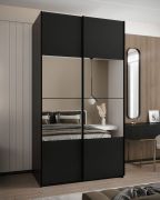 Kleiderschrank / Schiebetürenschrank | 245,5 x 130 x 64 cm | 6 Fächer | 2 Kleiderstangen | 2 Schiebetüren | Spiegel | Soft-Close | Farbe: Schwarz