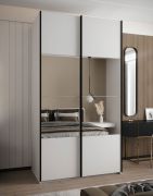 Kleiderschrank / Schiebetürenschrank | 245,5 x 140 x 64 cm | 2 Schiebetüren | 2 Kleiderstangen | 6 Fächer | Soft-Close | Farbe: Weiß | Spiegel