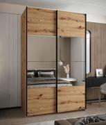 Kleiderschrank / Schiebetürenschrank | 11 Fächer | 2 Schiebetüren | 245,5 x 160 x 64 cm | 2 Kleiderstangen | Soft-Close | Spiegel | Farbe: Eiche Artisan