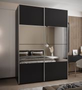 Kleiderschrank / Schiebetürenschrank | 245,5 x 180 x 64 cm | 2 Kleiderstangen | 2 Schiebetüren | 11 Fächer | Spiegel | Soft-Close | Farbe: Schwarz