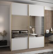 Kleiderschrank / Schiebetürenschrank | 11 Fächer | 2 Schiebetüren | Farbe: Weiß | 2 Kleiderstangen | Spiegel | Soft-Close | 245,5 x 190 x 64 cm