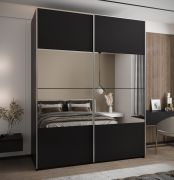 Kleiderschrank / Schiebetürenschrank | 245,5 x 190 x 64 cm | 2 Schiebetüren | 2 Kleiderstangen | 11 Fächer | Spiegel | Soft-Close | Farbe: Schwarz