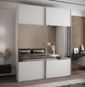 Kleiderschrank / Schiebetürenschrank | 11 Fächer | 245,5 x 200 x 64 cm | 2 Kleiderstangen | 2 Schiebetüren | Spiegel | Farbe: Weiß | Soft-Close
