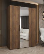Kleiderschrank / Drehtürenschrank | Farbe: Walnuss | 1,5 Meter breit | zwei Kleiderstangen | Soft-Close | eine Spiegeltür | Griffe: Schwarz | zwei Fächer