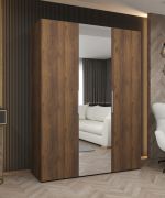 Kleiderschrank mit einer Spiegeltür | Farbe: Walnuss | Soft-Close-Funktion | zwei Kleiderstangen | 1,5 Meter breit | Griffe: Silber | Drehtürenschrank