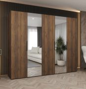 Kleiderschrank / Drehtürenschrank | Farbe: Walnuss | 2,5 Meter breit | drei Kleiderstangen | Soft-Close | zwei Spiegeltüren | Griffe: Schwarz | drei Fächer