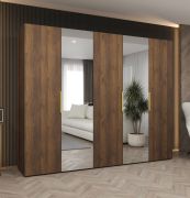 Drehtürenschrank mit drei Kleiderstangen | Farbe: Walnuss | drei Fächer | 2,5 Meter breit | Griffe: Gold | Soft-Close-Funktion | zwei Spiegeltüren