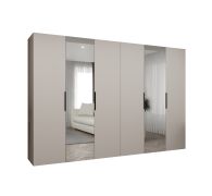 Kleiderschrank / Drehtürenschrank Korab 108, Farbe: Kaschmir, 3 Meter breit, vier Kleiderstangen, Soft-Close, zwei Spiegeltüren, Griffe: Schwarz, vier Fächer