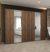 Kleiderschrank mit zwei Spiegeltüren | Farbe: Walnuss | Soft-Close-Funktion | vier Kleiderstangen | 3 Meter breit | Griffe: Silber | Drehtürenschrank