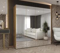 Drehtürenschrank / Kleiderschrank Korab 134, Farbe: Eiche Artisan, 2 Meter breit, Griffe: Kaschmir, vier Spiegeltüren, zwei Fächer, Soft-Close-Funktion