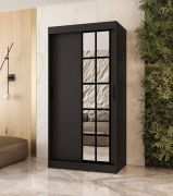 Kleiderschrank | Schwarz Matt | 5 Fächer | 2 Kleiderstangen | hochwertig Verarbeitet | schmal | 100 x 62 x 200 cm | Schiebetürenschrank | dekorative Spiegeltür