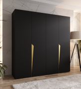 Drehtürenschrank | 4-Türig | Farbe: Schwarz | 2 Fächer | Soft-Close-Funktion | 2 Kleiderstangen | Griffe: Gold | Maße: 200 x 52 x 202 cm | Kleiderschrank | ABS-Kanten