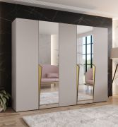Kleiderschrank | Farbe: Kaschmir | 2 Spiegeltür | 3 Fächer | 3 Kleiderstangen | Griffe: Gold | Maße: 250 x 52 x 202 cm | Soft-Close-Funktion | ABS-Kanten