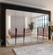 Kleiderschrank | Farbe: Kaschmir | Schlafzimmerschrank mit Spiegel | Soft-Close-Funktion | Griffe: Schwarz | Maße: 300 x 52 x 202 cm | ABS-Kanten | 4 Fächer | 4 Kleiderstangen