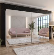 Drehtürenschrank | Farbe: Weiß | Schlafzimmerschrank mit Spiegel | Griffe: Kaschmir | Soft-Close-Funktion | 3 Fächer | 3 Kleiderstangen | Maße: 300 x 52 x 202 cm | ABS-Kanten