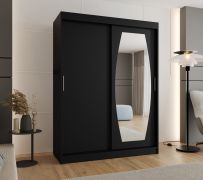 Schiebetürenschrank / Kleiderschrank Musala 11, Farbe: Schwarz, zwei Kleiderstangen, 1,5 Meter breit, Aluminiumschienen, eine Spiegeltür, fünf Fächer