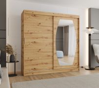Schiebetürenschrank mit einer Spiegeltür Musala 17, Farbe: Eiche Artisan, 2 Meter breit, 10 Fächer, zwei Kleiderstangen, Aluminiumschienen, Kleiderschrank