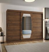 Kleiderschrank mit einer Spiegeltür | Farbe: Walnuss | 2,5 Meter breit | Aluminiumschiene | 10 Fächer | Schiebetürenschrank | zwei Kleiderstangen