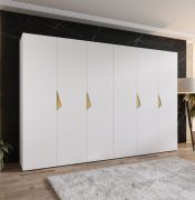 Drehtürenschrank / Kleiderschrank | Farbe: Weiß | 3 Meter breit | 6-Türig | Griffe: Gold | 4 Fächer | Maße: 300 x 52 x 202 cm | 4 Kleiderstangen