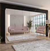 Drehtürenschrank | Farbe: Weiß | 3 Meter breit | Griffe: Kaschmir | Schlafzimmerschrank mit Spiegel | 4 Kleiderstangen | Soft-Close | Maße: 300 x 52 x 202 cm | 4 Fächer