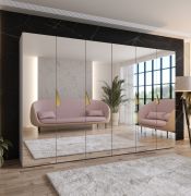 Drehtürenschrank | Farbe: Kaschmir | 3 Meter breit | Griffe: Gold | Schlafzimmerschrank mit Spiegel | 4 Kleiderstangen | Soft-Close | Maße: 300 x 52 x 202 cm | 4 Fächer