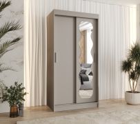 Kleiderschrank / Schiebetürenschrank Bernina 04, Farbe: Kaschmir, Aluminiumschienen, 1 Meter breit, eine Tür mit Spiegel, zwei Kleiderstangen, fünf Fächer