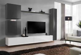 Elegante Wohnwand Balestrand 120, Farbe: Grau / Weiß - Abmessungen: 180 x 280 x 40 cm (H x B x T), mit Push-to-open Funktion