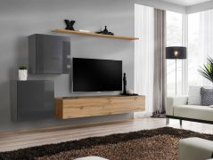 Elegante Wohnwand Balestrand 80, Farbe: Grau / Eiche Wotan - Abmessungen: 150 x 250 x 40 cm (H x B x T), mit drei Türen