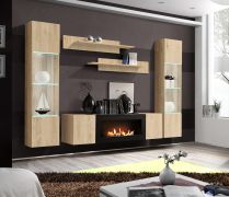 Wohnwand | inkl. LED-Beleuchtung | Farbe: Eiche Hickory Jackson | 2 Hängevitrinen | 1 TV-Unterschrank mit Bio-Ethanol Kamin | 2 Wandregale
