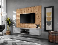 Wohnwand | Push-to-open Funktion | modernes Design | Farbe: Perla Grau / Eiche Artisan | Maße: 160 x 35 x 148 cm | für Wohnzimmer