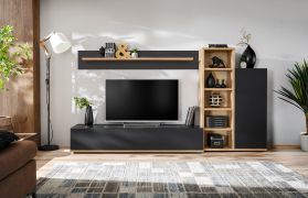 Wohnwand | Farbe: Eiche Ribbeck / Schwarz | Push-to-open Funktion | Maße: 240 x 40 x 127 cm | 11 Fächer | 1 Schrank | 1 Regal | 1 TV-Unterschrank | 1 Wandregal