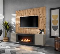 Wohnwand | Bio-Ethanol Kamin | Farbe: Clay Grau / Eiche Artisan | 160 x 40 x 158 cm | Push-to-open Funktion | 1 Rückwandpaneel | 1 TV-Unterschrank