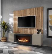Wohnwand | Farbe: Clay Grau / Eiche Artisan | Bio-Ethanol Kamin | Push-to-open Funktion | 160 x 40 x 158 cm | 1 TV-Unterschrank | 1 Rückwandpaneel