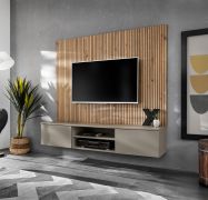 Wohnwand | Farbe: Clay Grau / Eiche Artisan | Push-to-open Funktion | 160 x 35 x 148 cm | 1 TV-Unterschrank | Modernes Design | 1 Wandpaneel