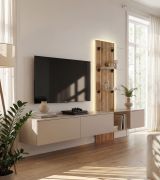 Wohnwand | inkl. Integrierter LED-Beleuchtung | Farbe: Clay Grau / Eiche Coast Evoke | Push-to-open Funktion | 300 x 45 x 160 cm | geriffelte Front | langes TV-Board