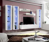 Wohnwand mit drei Hängevitrinen Hompland 26, Farbe: Weiß - Abmessungen: 170 x 260 x 40 cm (H x B x T), mit blauer LED-Beleuchtung