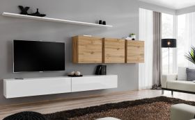 Wohnwand im schlichten Design Balestrand 108, Farbe: Weiß / Eiche Wotan - Abmessungen: 150 x 340 x 40 cm (H x B x T), mit Push-to-open Funktion