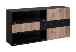 Kommode | Farbe: Schwarz / Eiche Vicking / Schwarzer Marmor | Sideboard | 1 Schublade | geriffelte Front | 160 x 45 x 82 cm | Push-to-open Funktion | 5 Fächer