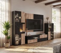 Wohnwand | Farbe: Eiche Vicking / Schwarzer Marmor | Bio-Ethanol Kamin | Push-to-open Funktion | 280 x 45 x 182 cm | 2 Vitrinen | 1 TV-Unterschrank | 1 Wandpaneel