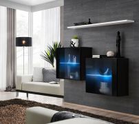 2er Set stylische Hängevitrinen mit Wandregal Balestrand 359, Farbe: Schwarz / Weiß - Abmessungen: 110 x 130 x 30 cm (H x B x T), mit LED-Beleuchtung